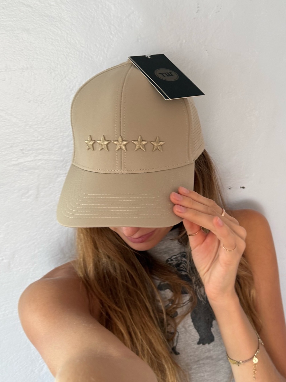 NWT Beige Star Embellished Trucker Cap, Truewear